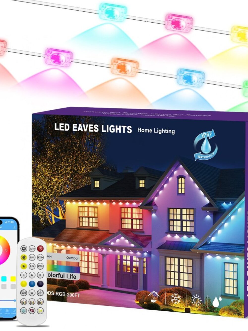 Permanent Outdoor Smart RGB+IC Lights, 200ft IP68 Waterproof Eaves Decor